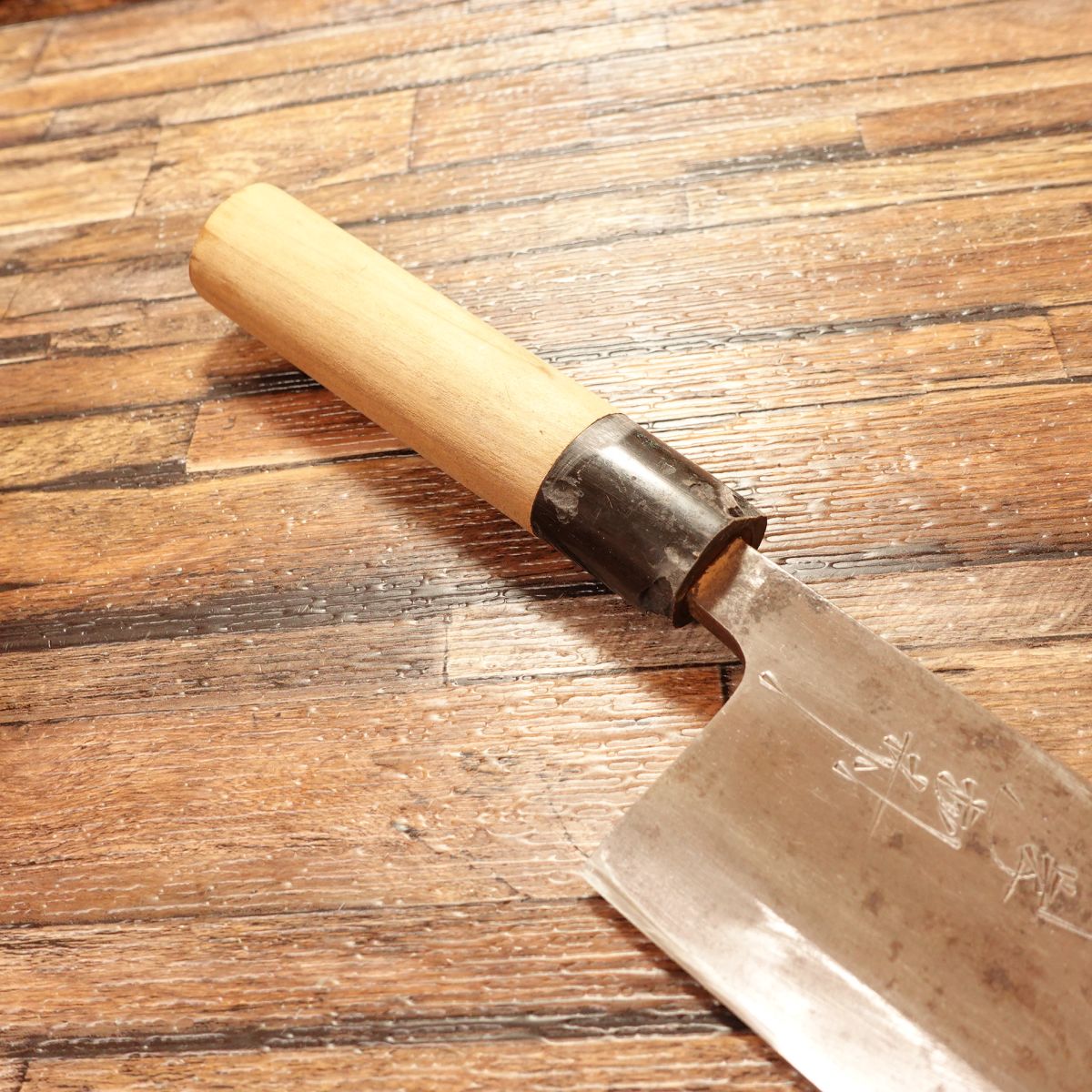 Kikuichimonji Deba Knife, Sharpened, Water Buffalo Handle, Insect Marks Present, 185mm