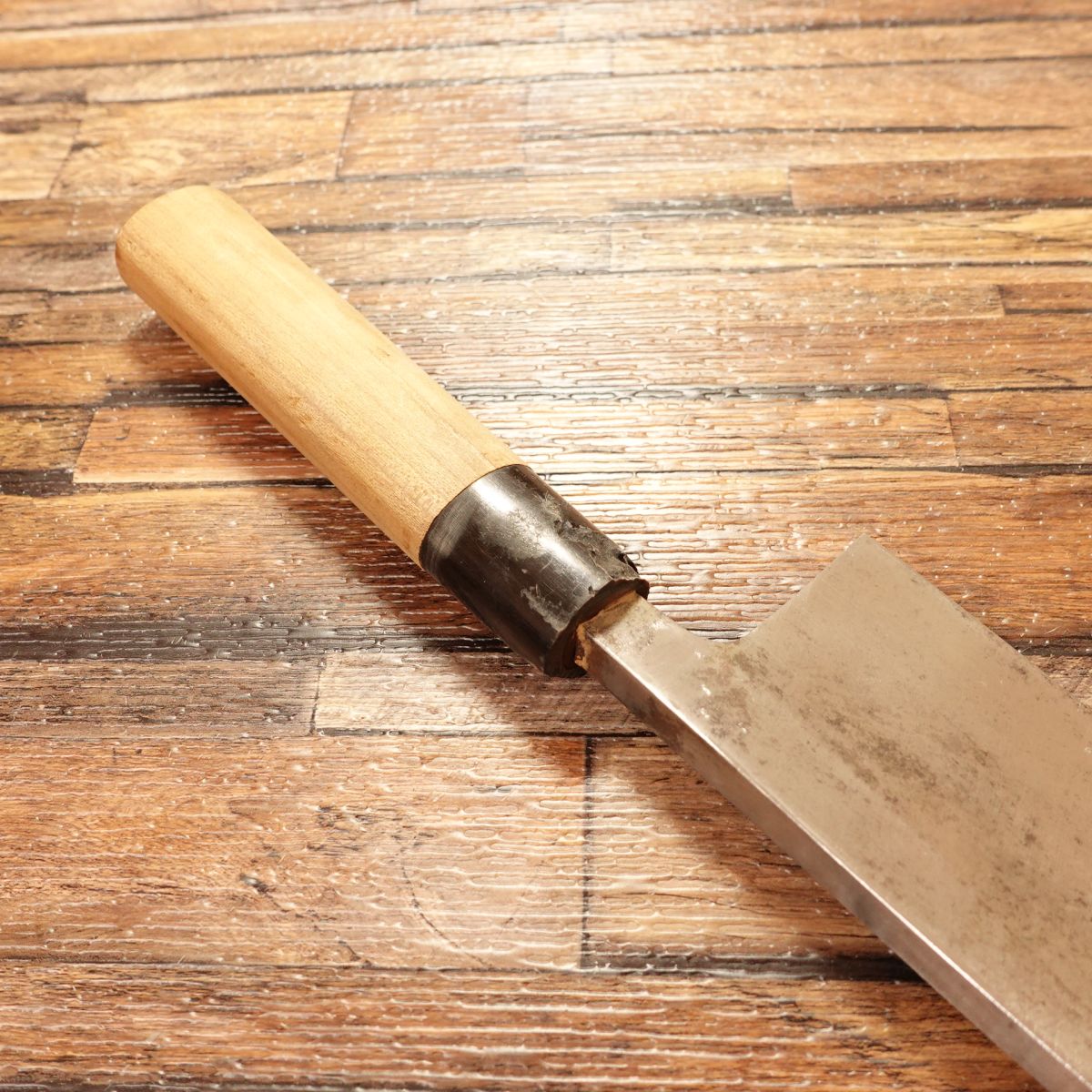 Kikuichimonji Deba Knife, Sharpened, Water Buffalo Handle, Insect Marks Present, 185mm