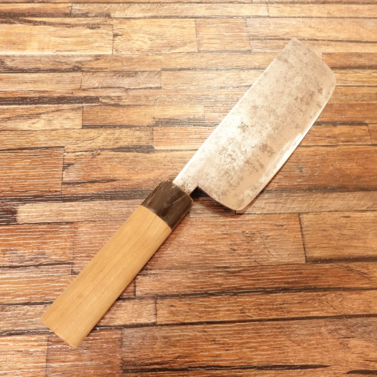 Izutsuki KIYA Nakiri Knife, Sharpened, Water Buffalo Handle, Yasuki Aogami Steel, Kurouchi Finish, 160mm
