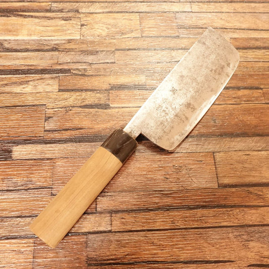 Izutsuki KIYA Nakiri Knife, Sharpened, Water Buffalo Handle, Yasuki Aogami Steel, Kurouchi Finish, 160mm