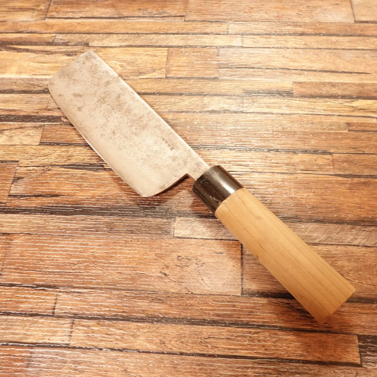 Izutsuki KIYA Nakiri Knife, Sharpened, Water Buffalo Handle, Yasuki Aogami Steel, Kurouchi Finish, 160mm