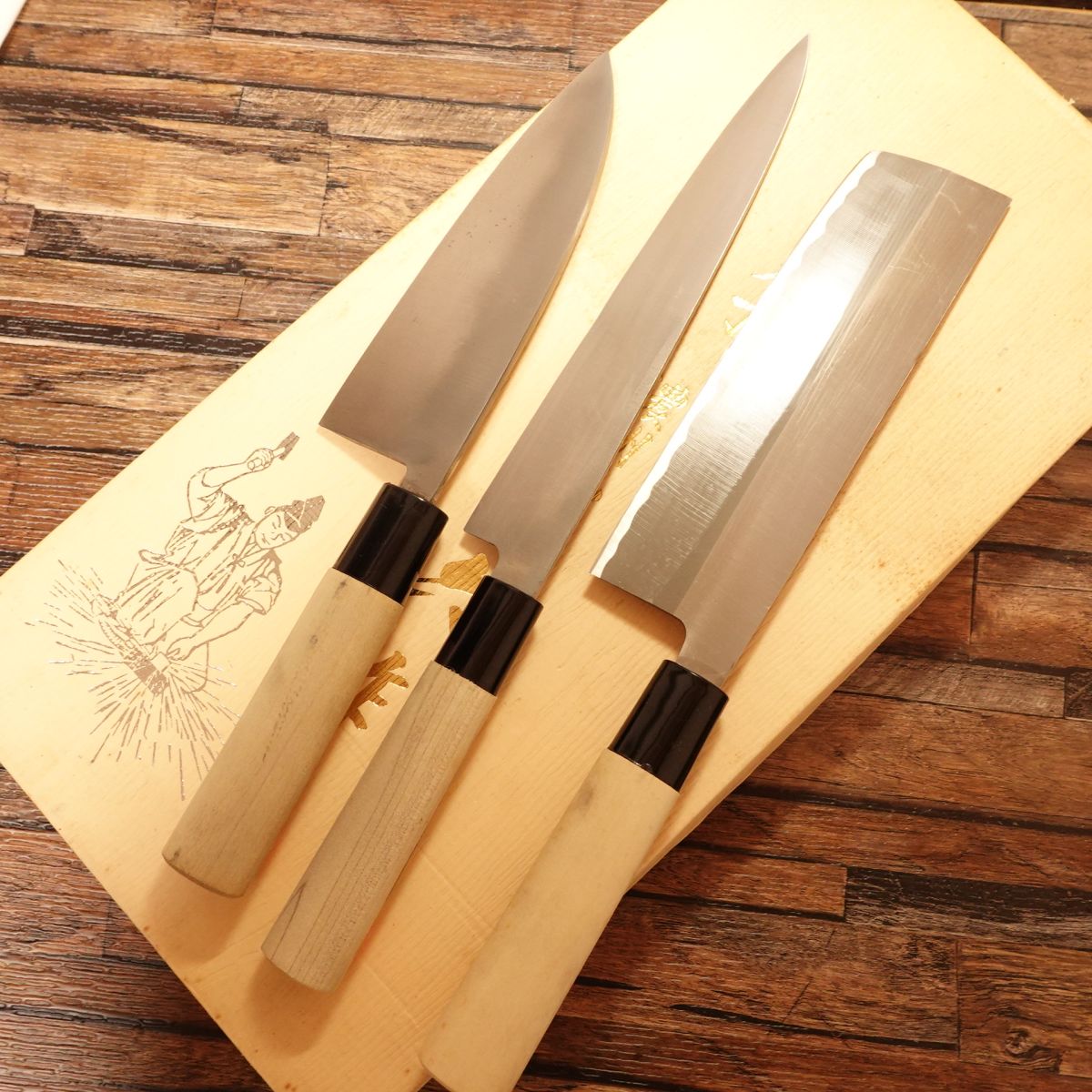 Noshu Magoroku Knife Set (3-Piece), Sharpened, Nakiri / Yanagiba / Deba, Hagane Steel, Unused, Wooden Box