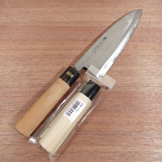 Kikuchi Large Deba Knife, Sharpened, Water Buffalo Handle, Carbon Steel, Kikuchi Bessaku Saijo, Handle Crack, Spare Handle Included, 215mm