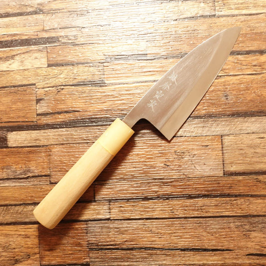 Hayashiya Sadatsugu Aji-Kiri Knife, Sharpened, White Water Buffalo Handle, Small Deba, Minimal Use, 125mm