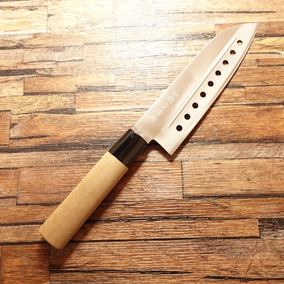 Seki Munekage Wa-Santoku Knife, Sharpened, Stainless, Perforated, Minimal Signs of Use, 170mm