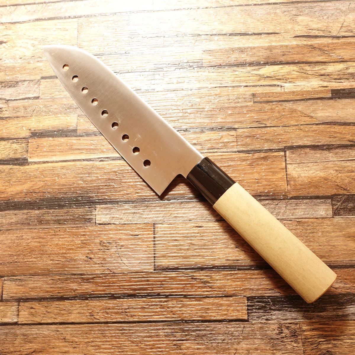 Seki Munekage Wa-Santoku Knife, Sharpened, Stainless, Perforated, Minimal Signs of Use, 170mm