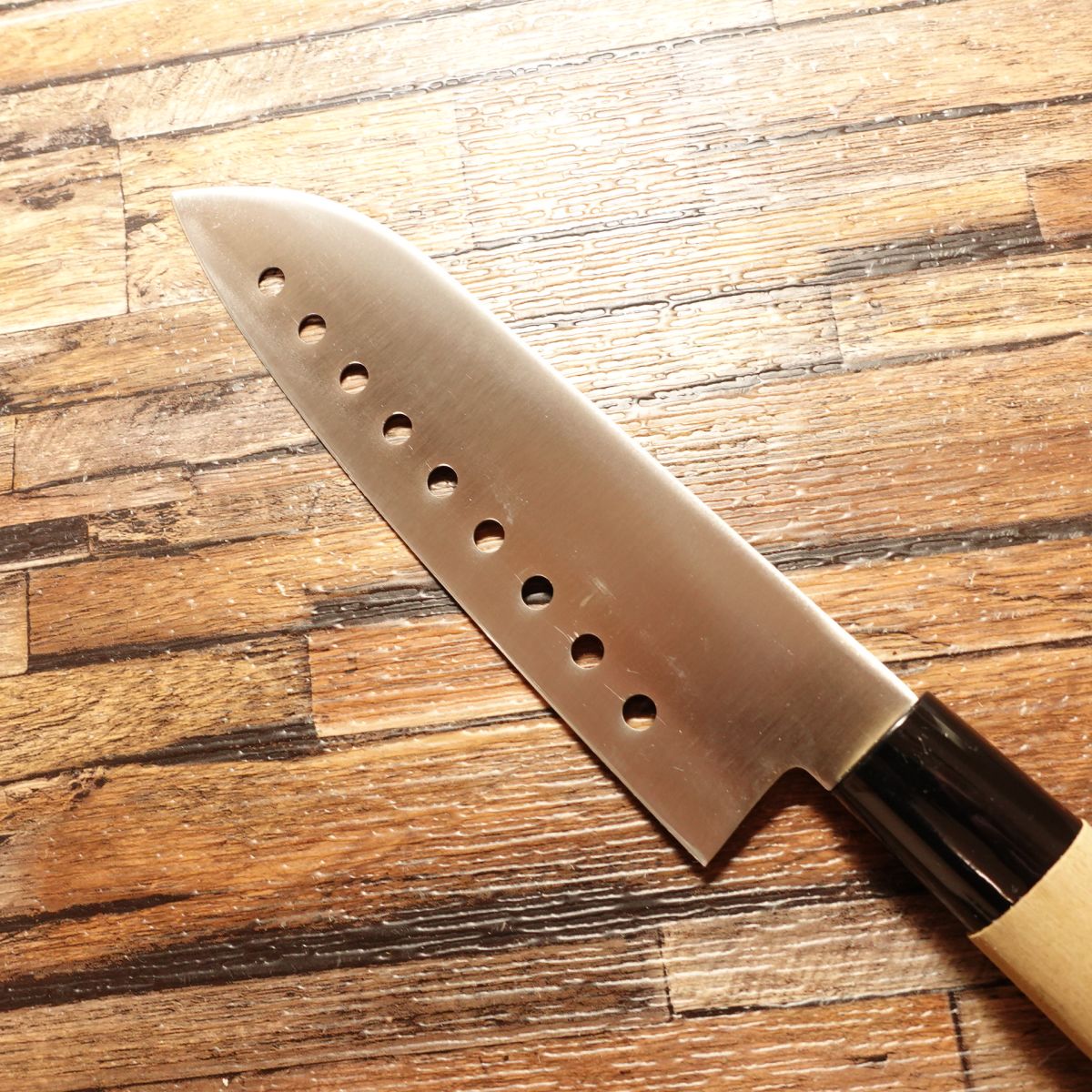 Seki Munekage Wa-Santoku Knife, Sharpened, Stainless, Perforated, Minimal Signs of Use, 170mm