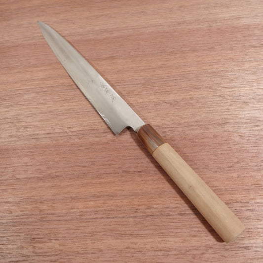 Minamoto Takafusa Yanagiba Knife, Sharpened, Left-Handed, Sashimi Knife, White Water Buffalo Handle, Single Bevel, Fuguhiki, 240mm