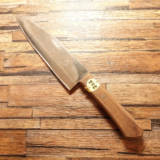 Sakai Suketomo Santoku Knife, Sharpened, Kurouchi, Hon-Warikomi, Gyuto Style, Sakai Hamono Sticker, 165mm