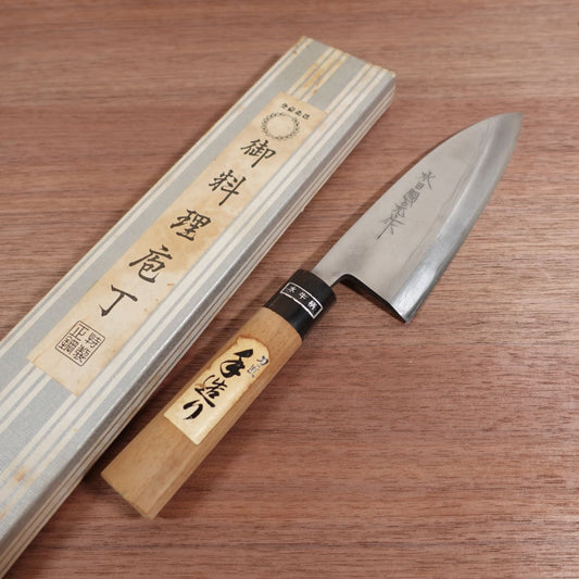 Mizuta Kunimitsu Deba Knife, Sharpened, Made by Mizuta Kunimitsu, Water Buffalo Handle, Handmade, Boxed, 150mm
