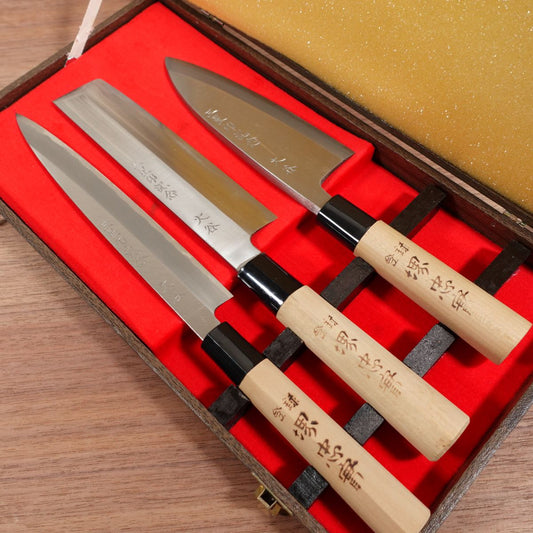 Sakai Tadazane Knife Set, Deba Knife, Usuba Knife, Yanagiba Knife, Carbon Steel, Single Bevel, Unused Stored Item, Boxed, Commemorative Engraving