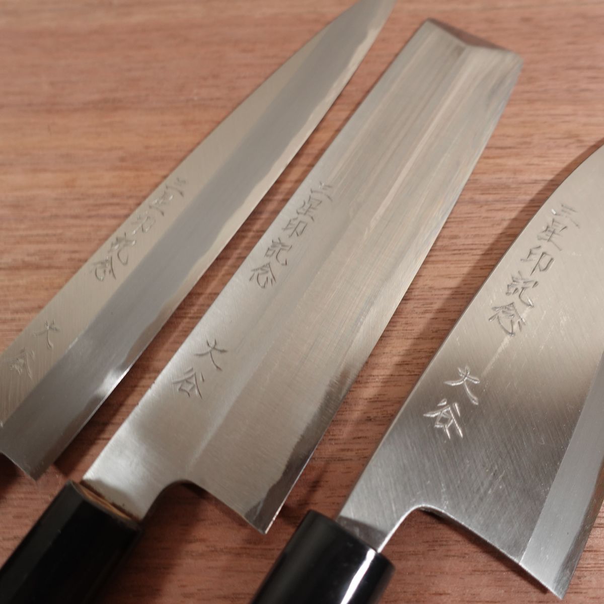 Sakai Tadazane Knife Set, Deba Knife, Usuba Knife, Yanagiba Knife, Carbon Steel, Single Bevel, Unused Stored Item, Boxed, Commemorative Engraving