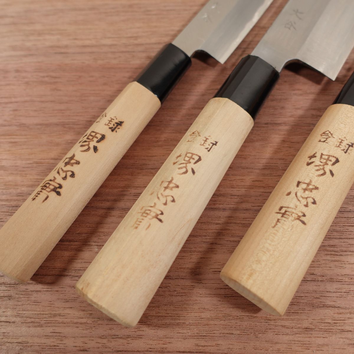 Sakai Tadazane Knife Set, Deba Knife, Usuba Knife, Yanagiba Knife, Carbon Steel, Single Bevel, Unused Stored Item, Boxed, Commemorative Engraving
