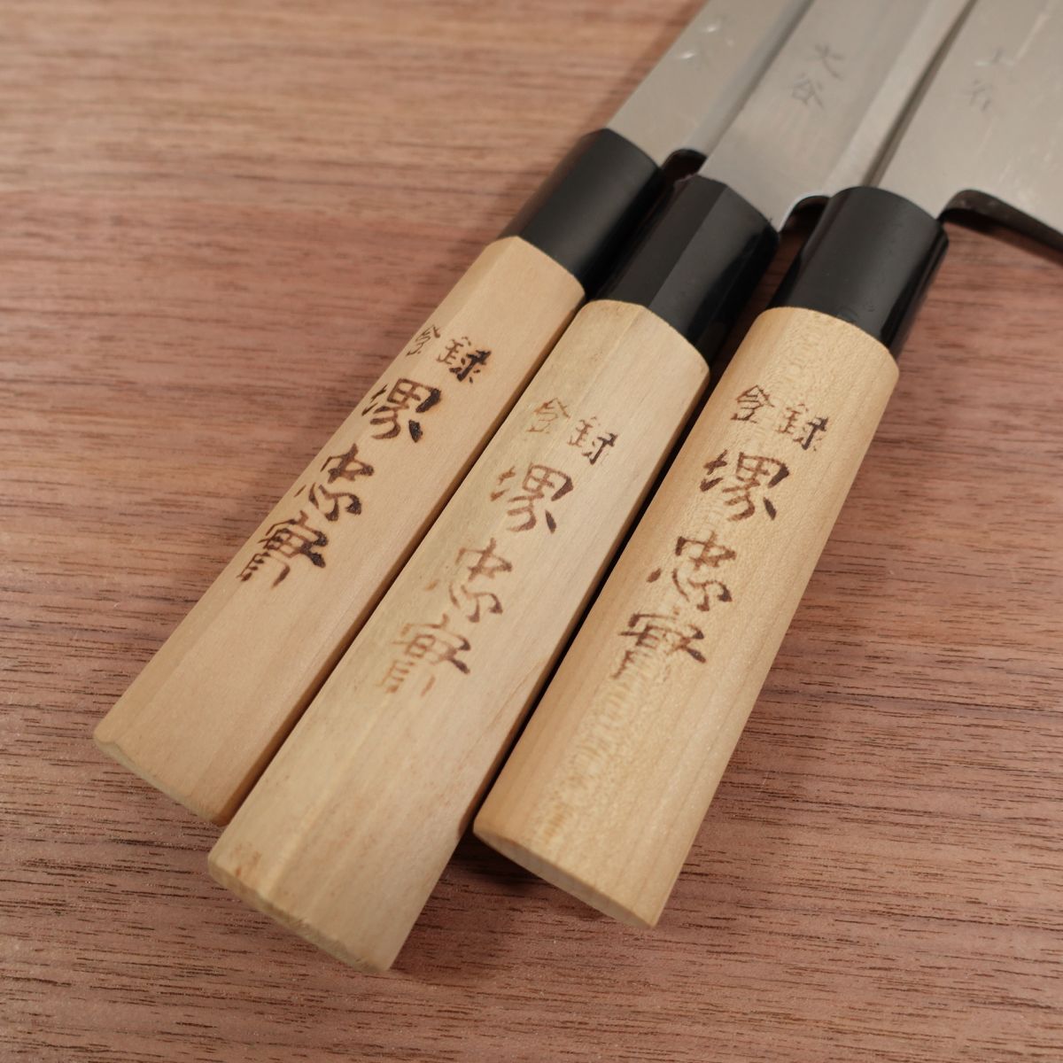 Sakai Tadazane Knife Set, Deba Knife, Usuba Knife, Yanagiba Knife, Carbon Steel, Single Bevel, Unused Stored Item, Boxed, Commemorative Engraving