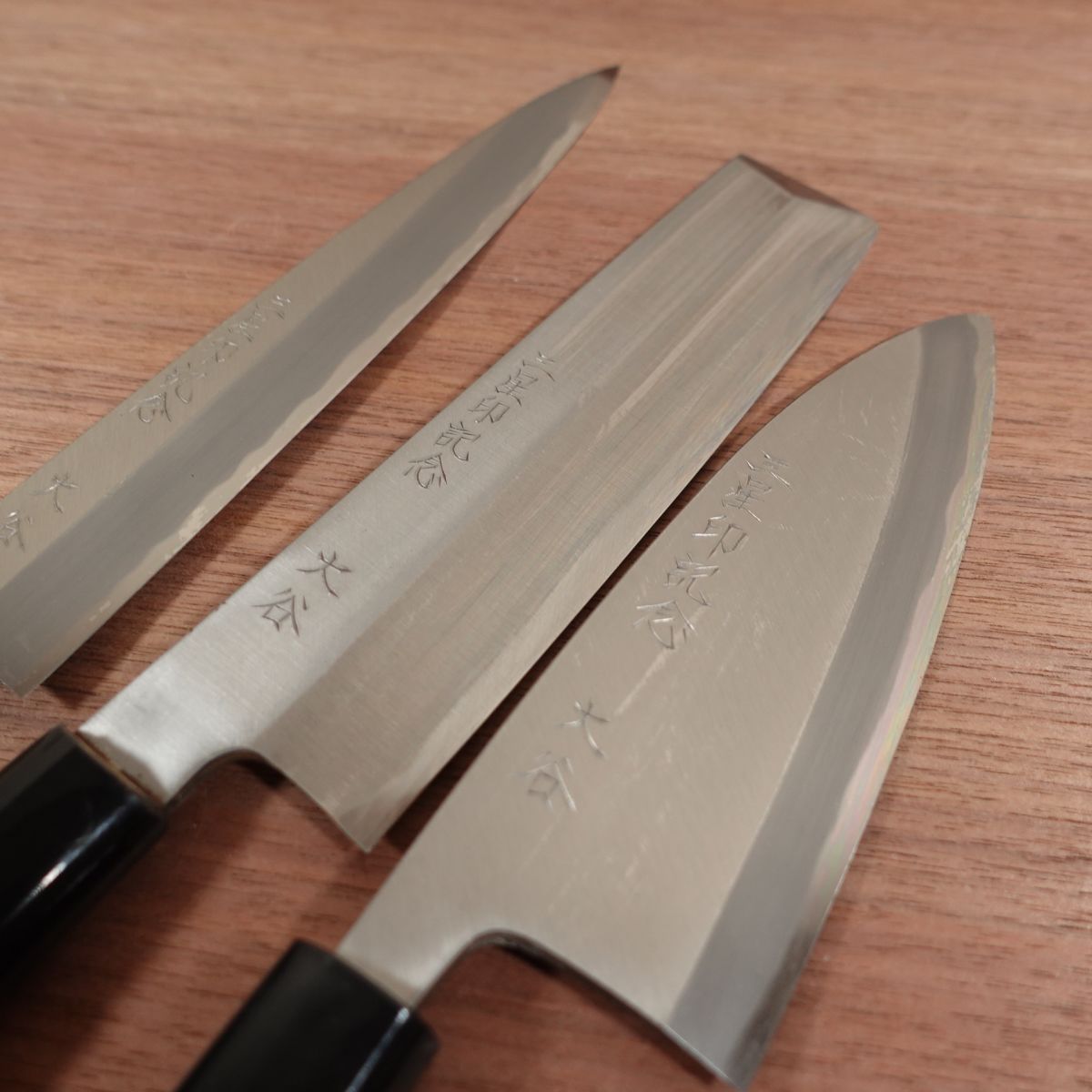 Sakai Tadazane Knife Set, Deba Knife, Usuba Knife, Yanagiba Knife, Carbon Steel, Single Bevel, Unused Stored Item, Boxed, Commemorative Engraving