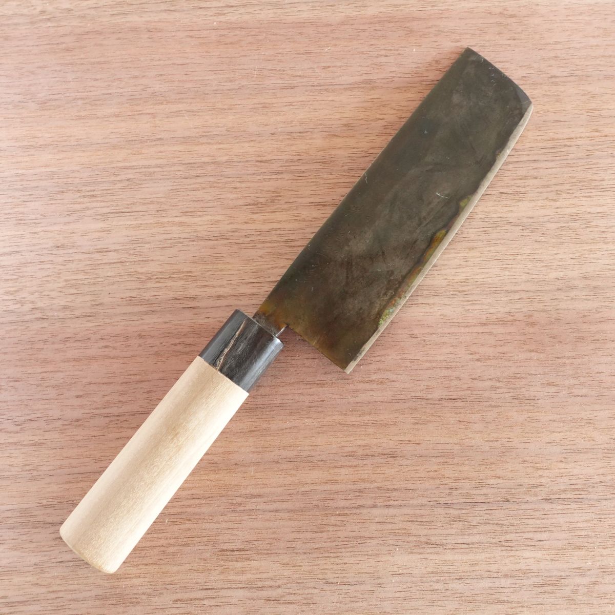[HYPER REBORN] Suita Okishige Nakiri Knife, Sharpened, Black Oxide Finish, Water Buffalo Handle, Rare Vegetable Knife, 160mm