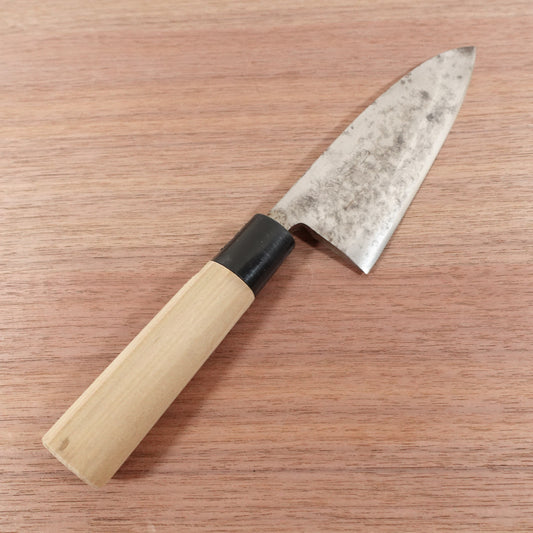 Sekimagoroku Deba Knife, Sharpened, Carbon Steel, Single Bevel, Hammer Marks on Spine Side of Handle, 155mm