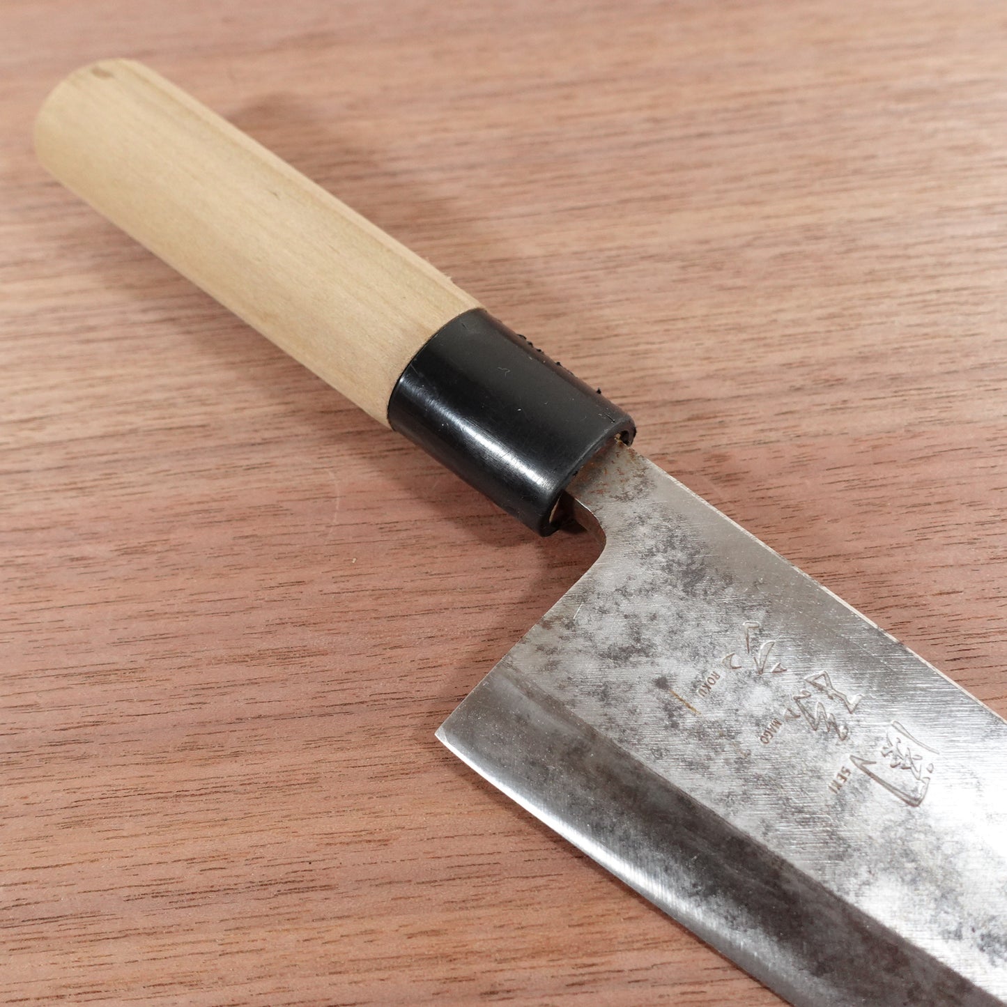 Sekimagoroku Deba Knife, Sharpened, Carbon Steel, Single Bevel, Hammer Marks on Spine Side of Handle, 155mm
