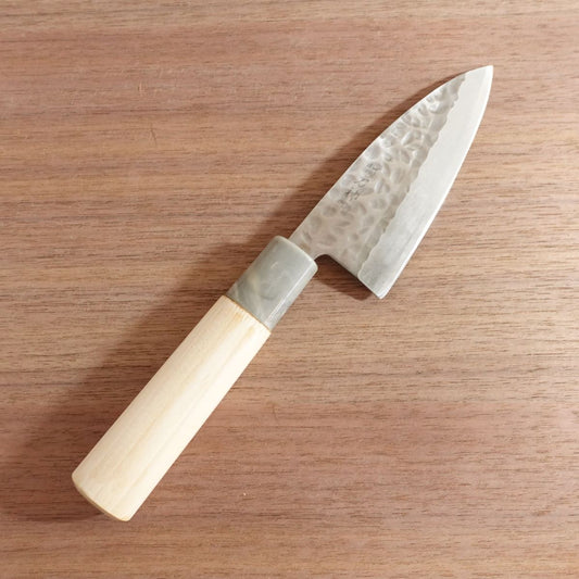 Sekitoushin Aji-Kiri Knife, Sharpened, Ko-Deba, Tsuchime Pattern, Marble Handle, 110mm