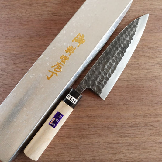 Yasuki Carbon Forged Large Deba Knife, Sharpened, Kurouchi Finish, Hammered Pattern, Nearly Unused Stored Item, Boxed, 215mm