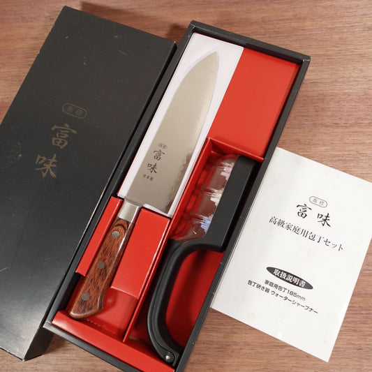 Tomi Santoku Knife, Stainless Laminated Steel, All-Purpose Knife, Tomio Umezawa, Knife Sharpener Included, Boxed, Unused Stored Item, 185mm
