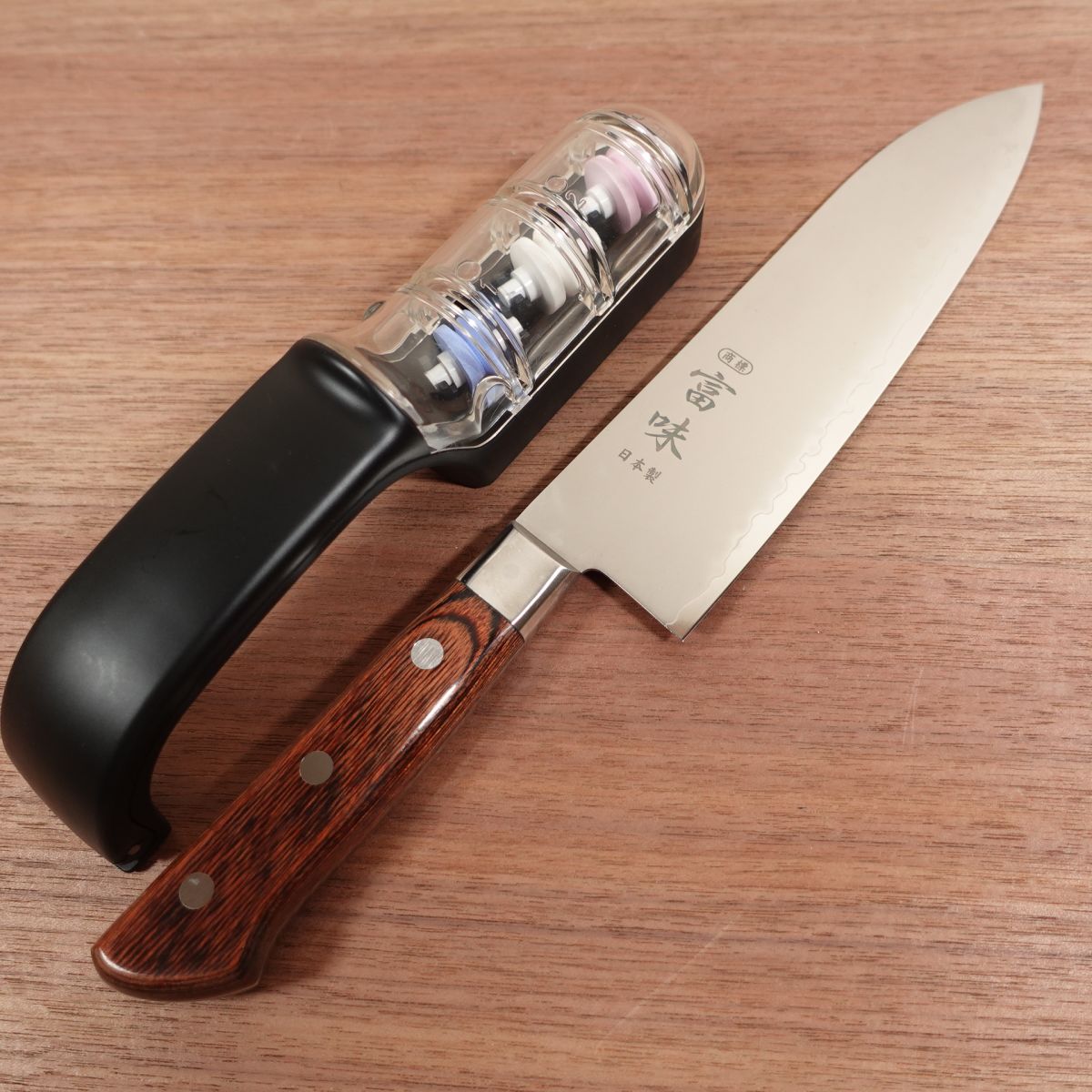 Tomi Santoku Knife, Stainless Laminated Steel, All-Purpose Knife, Tomio Umezawa, Knife Sharpener Included, Boxed, Unused Stored Item, 185mm