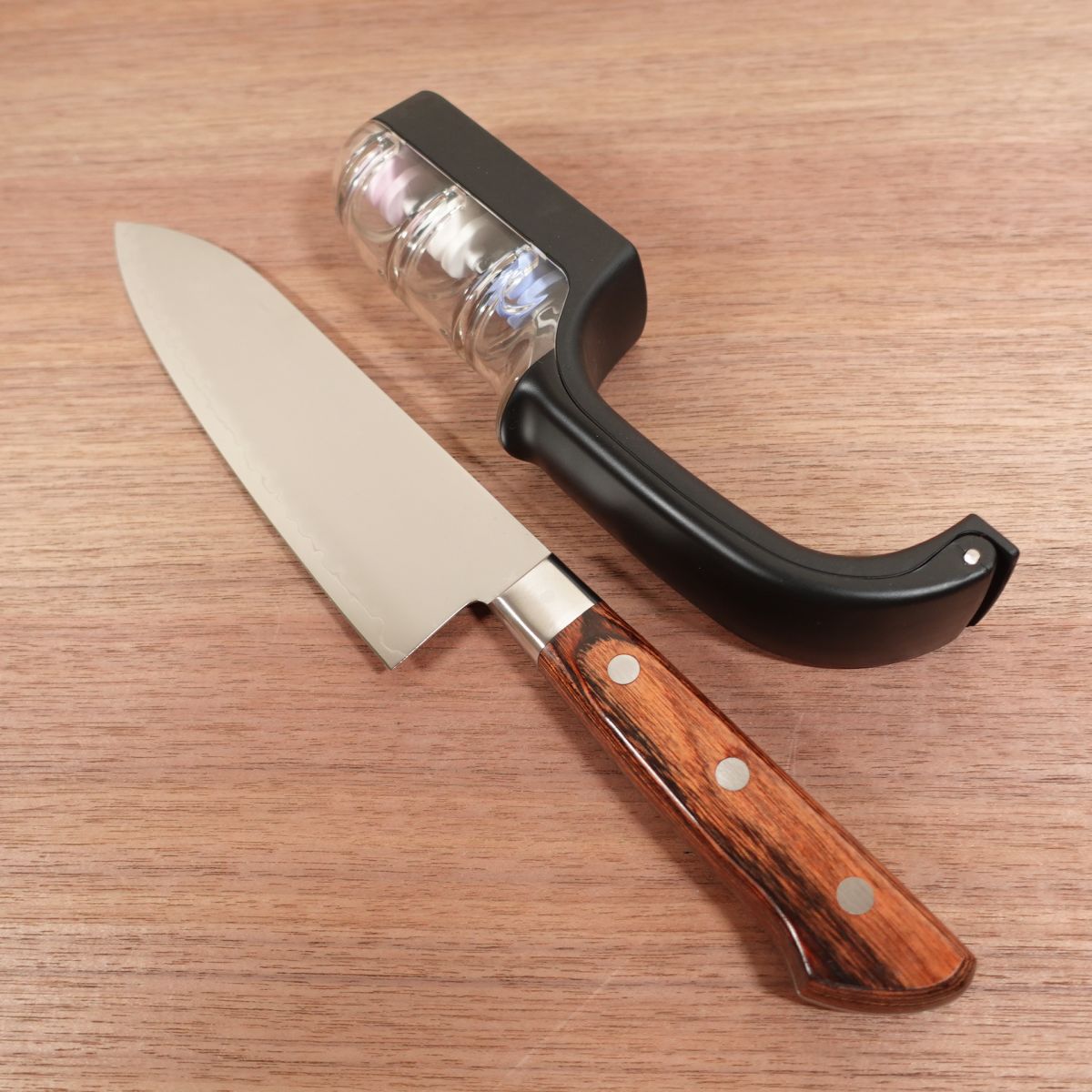 Tomi Santoku Knife, Stainless Laminated Steel, All-Purpose Knife, Tomio Umezawa, Knife Sharpener Included, Boxed, Unused Stored Item, 185mm