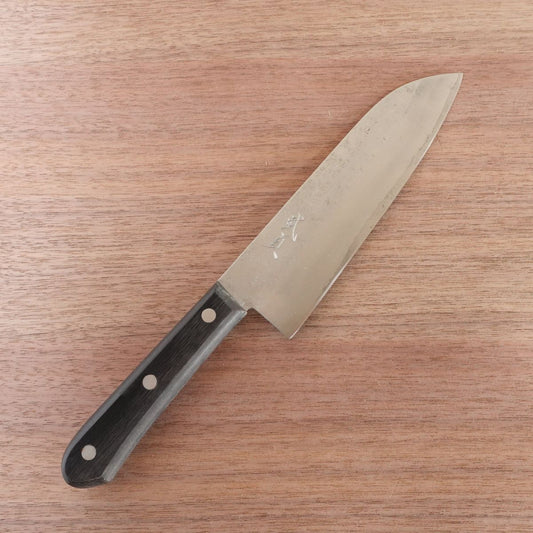 Takesada Santoku Knife, Sharpened, Hand-Forged Aogami Steel, Yasuki Blue Steel, Hon-Warikomi, 175mm