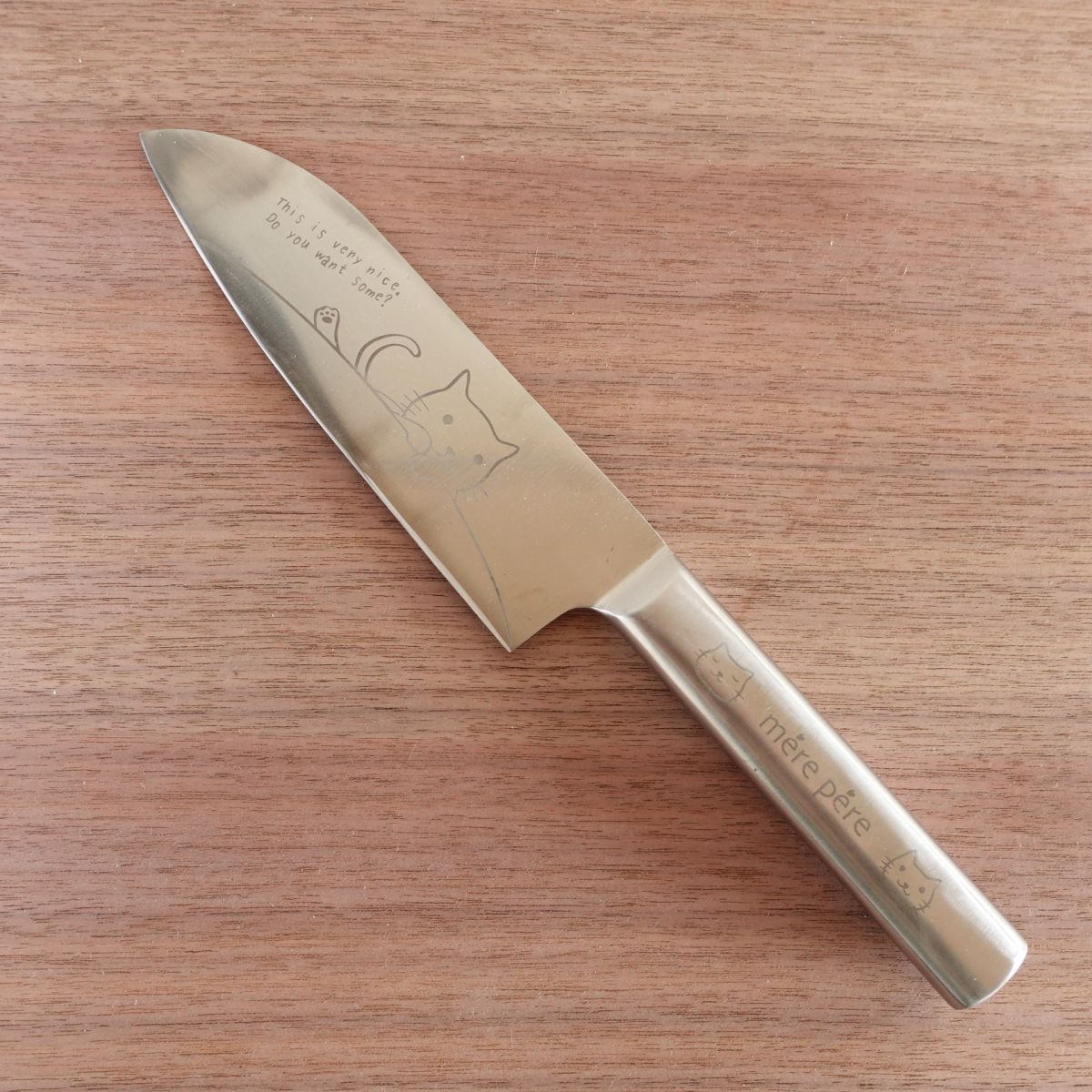 Mere Pere Santoku Knife, Sharpened, Cat Design, All Stainless Steel, All-Purpose Knife, 165mm