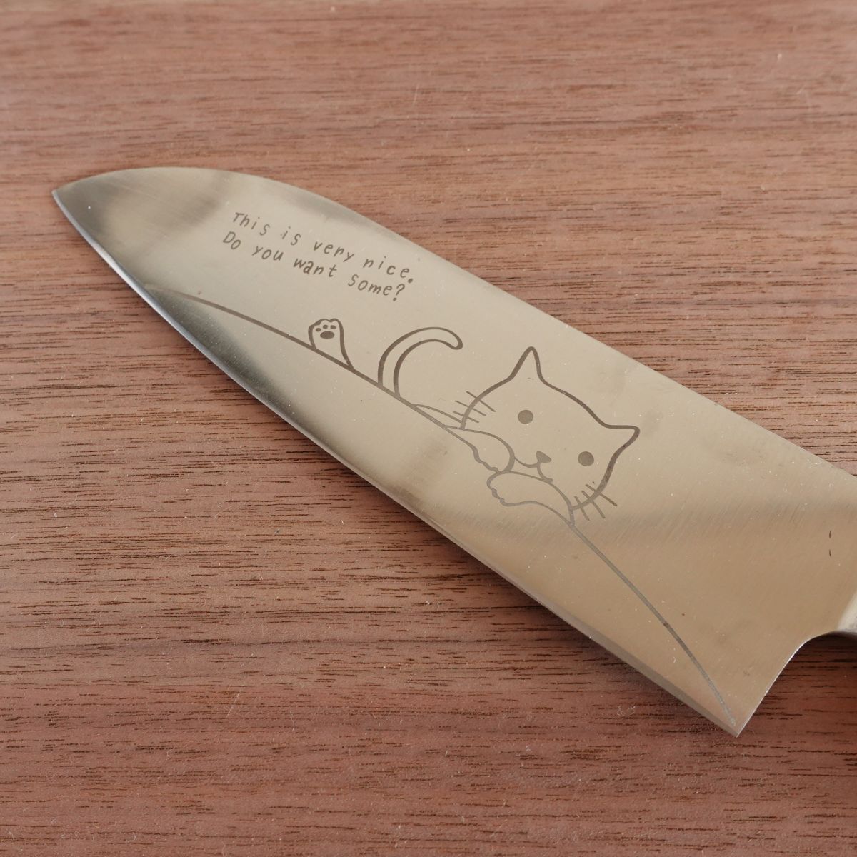 Mere Pere Santoku Knife, Sharpened, Cat Design, All Stainless Steel, All-Purpose Knife, 165mm