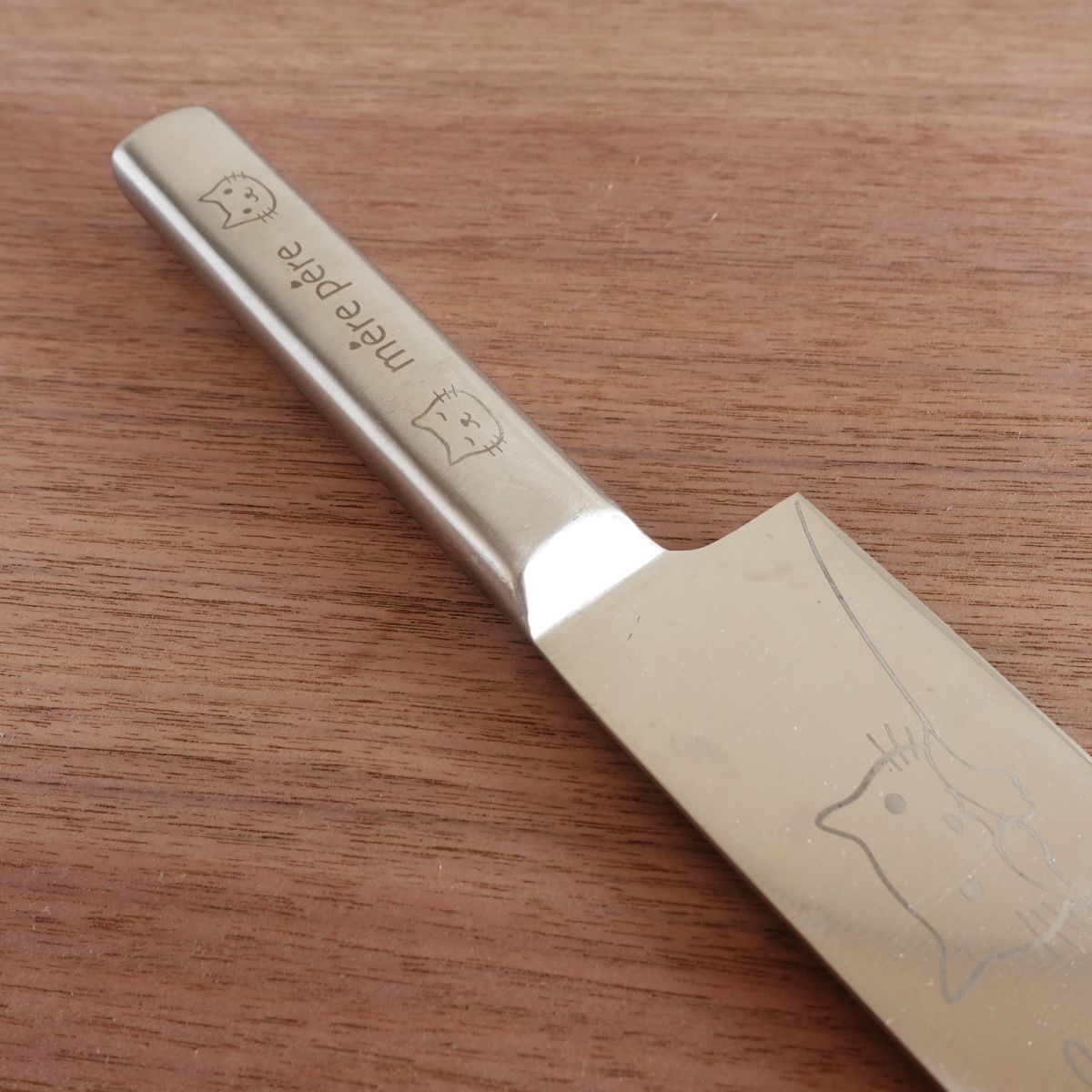 Mere Pere Santoku Knife, Sharpened, Cat Design, All Stainless Steel, All-Purpose Knife, 165mm