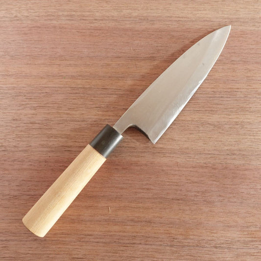 Sakai Ichimonji Mitsuhide Funayuki Knife, Sharpened, Water Buffalo Handle, Slim Deba Style, Nearly Unused, 165mm