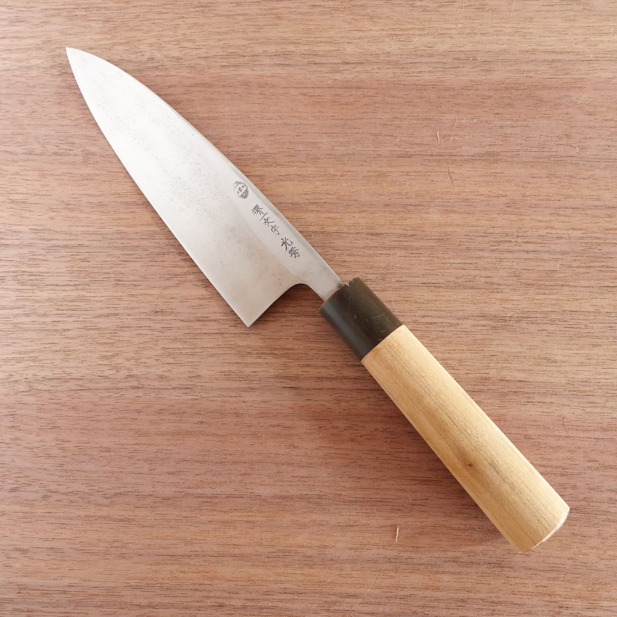 Sakai Ichimonji Mitsuhide Funayuki Knife, Sharpened, Water Buffalo Handle, Slim Deba Style, Nearly Unused, 165mm