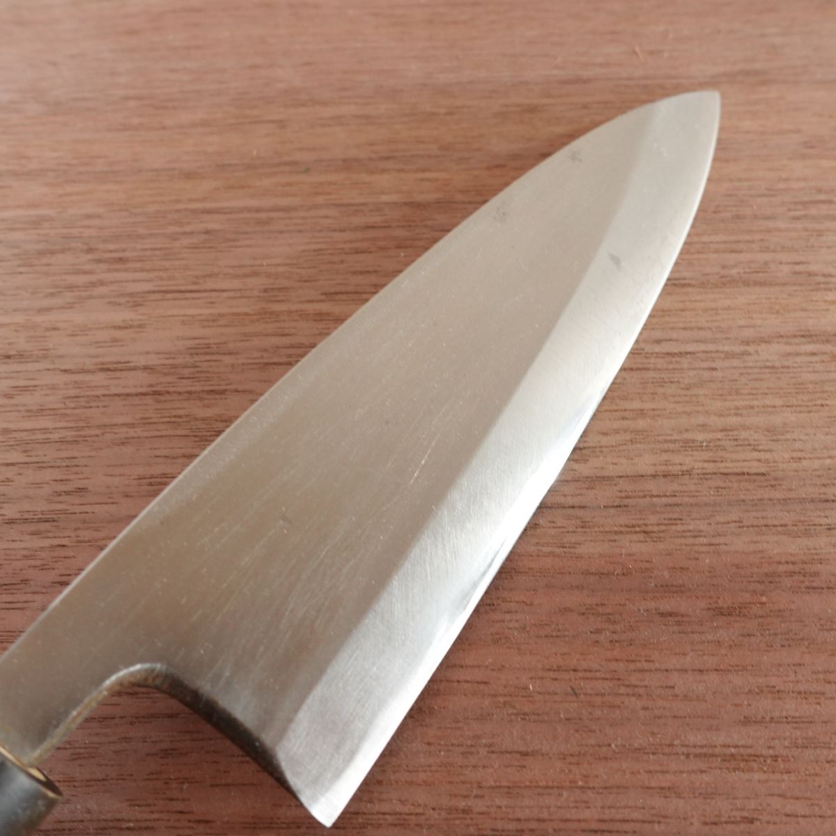 Sakai Ichimonji Mitsuhide Funayuki Knife, Sharpened, Water Buffalo Handle, Slim Deba Style, Nearly Unused, 165mm