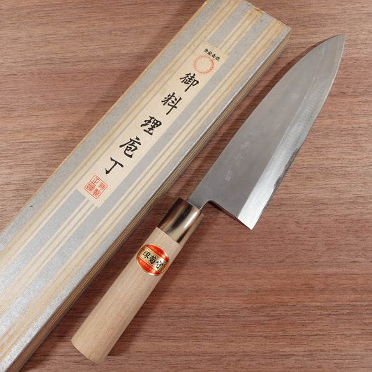 Sakai Kikumori Large Deba Knife, Sharpened, Water Buffalo Handle, Special, Boxed, Unused Stored Item, 215mm