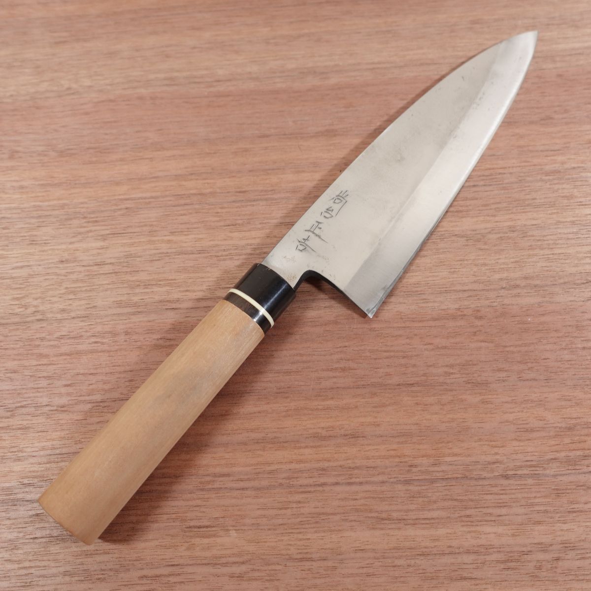 Shodai Masayoshi Honyaki Large Deba Knife, Sharpened, Water Buffalo Handle, White Ferrule, Syoudai Masayoshi, Carbon Steel, 225mm