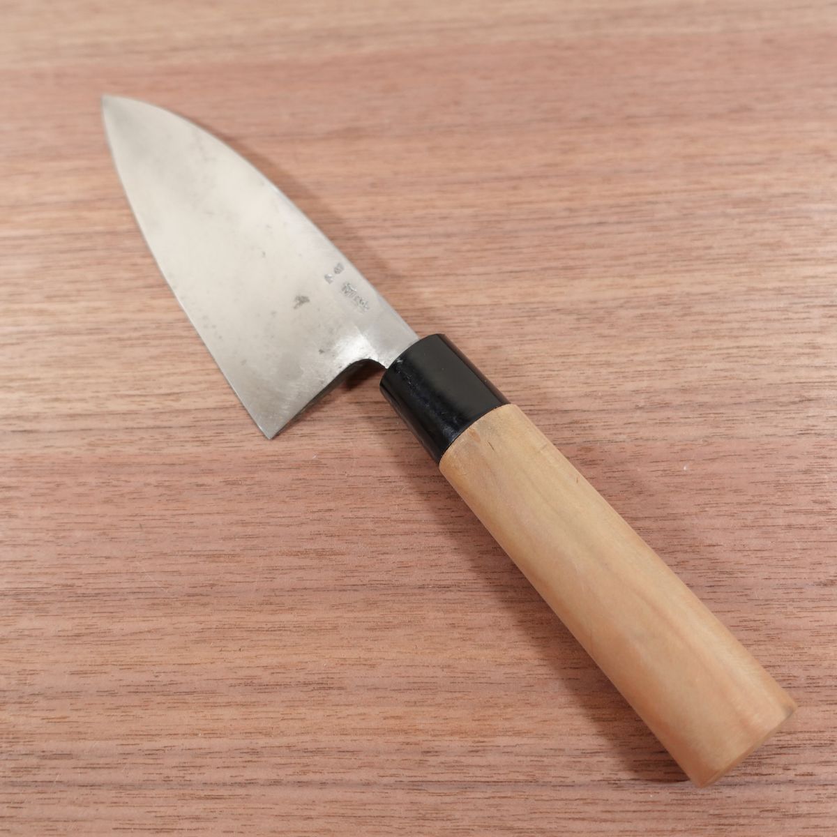 With maker’s mark, Deba Knife, Sharpened, Carbon Steel, Single Bevel, Markings Unreadable, Lightly Used, 155mm