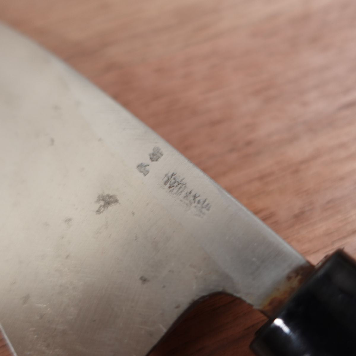 With maker’s mark, Deba Knife, Sharpened, Carbon Steel, Single Bevel, Markings Unreadable, Lightly Used, 155mm
