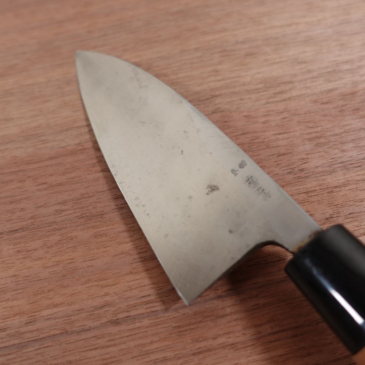 With maker’s mark, Deba Knife, Sharpened, Carbon Steel, Single Bevel, Markings Unreadable, Lightly Used, 155mm