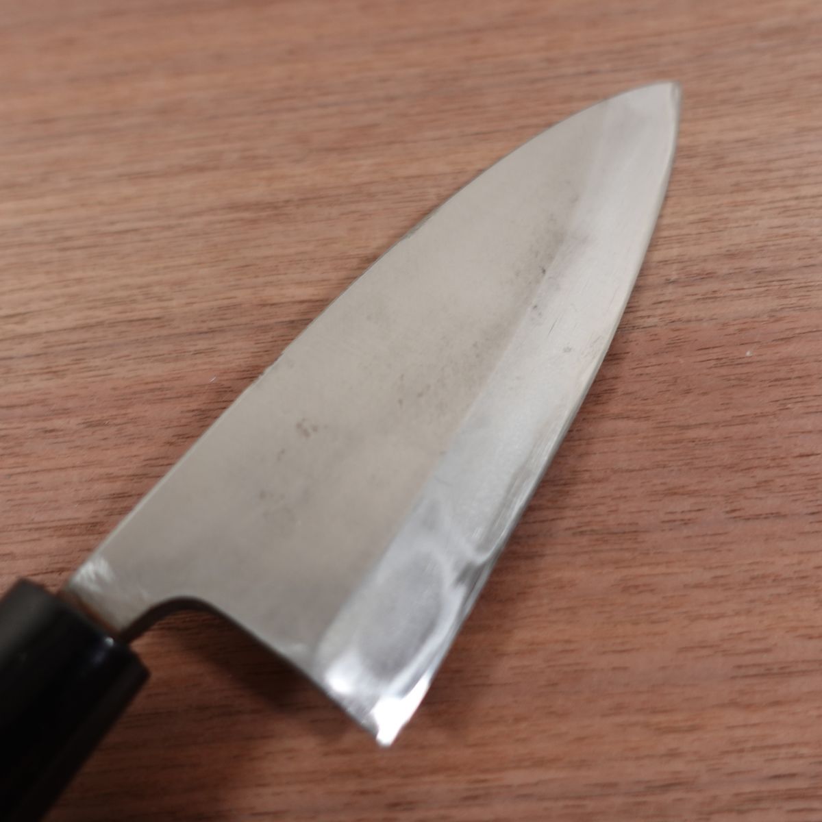 With maker’s mark, Deba Knife, Sharpened, Carbon Steel, Single Bevel, Markings Unreadable, Lightly Used, 155mm