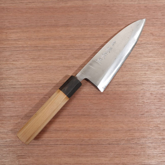Minamoto Izumimasa Deba Knife, Sharpened, Blue Steel, Octagonal Water Buffalo Handle, Pattern-Forged, Aogami Steel, 155mm