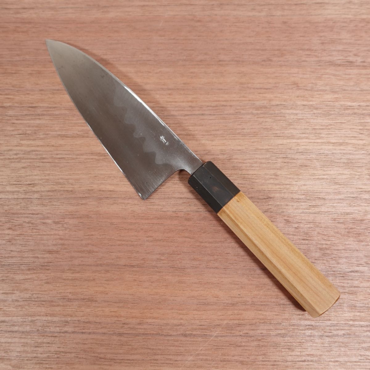 Minamoto Izumimasa Deba Knife, Sharpened, Blue Steel, Octagonal Water Buffalo Handle, Pattern-Forged, Aogami Steel, 155mm