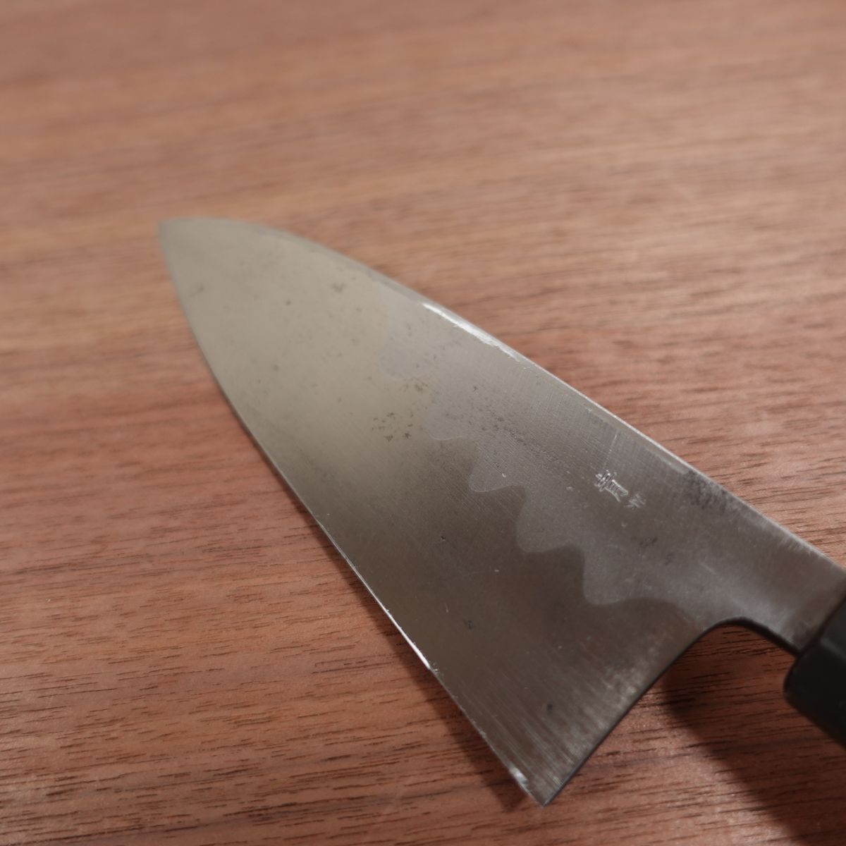Minamoto Izumimasa Deba Knife, Sharpened, Blue Steel, Octagonal Water Buffalo Handle, Pattern-Forged, Aogami Steel, 155mm