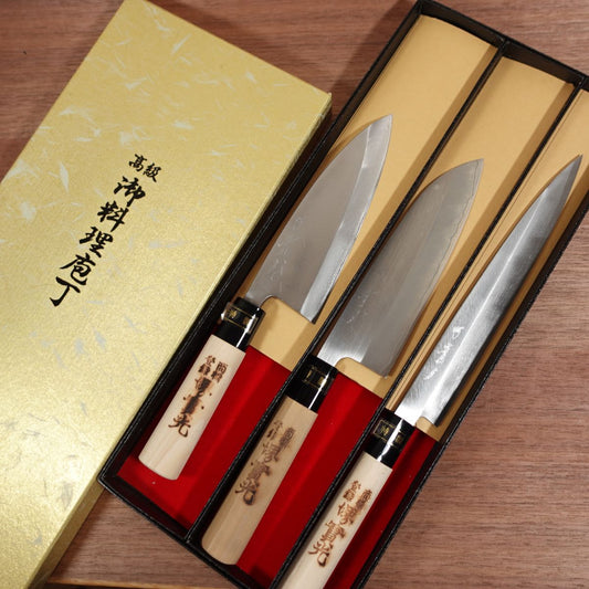 Sakai Jikko Knife Set, Sharpened, Yanagiba, Santoku and Deba Knife Set, Special, Boxed, Unused Stored Item