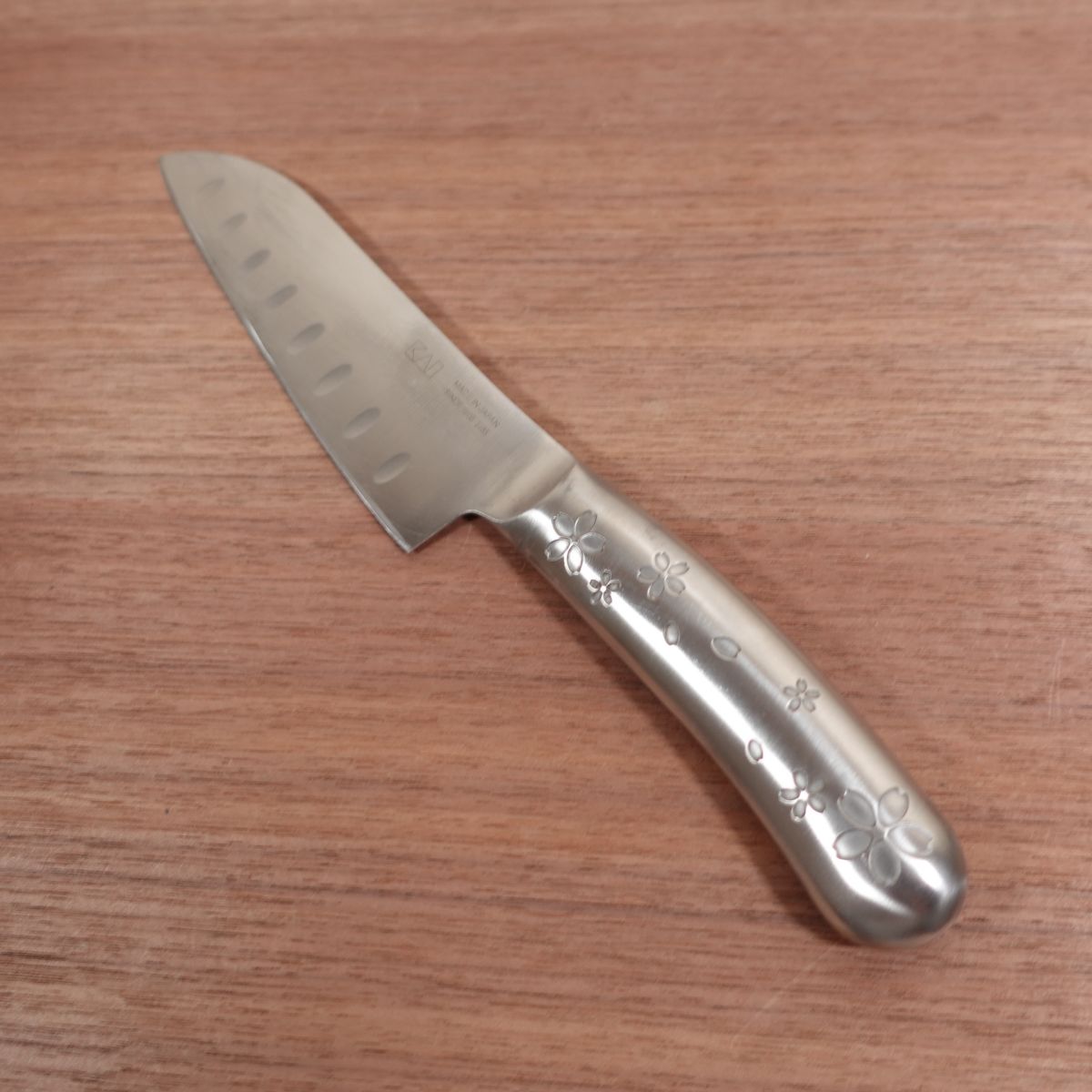 KAI Small Santoku Knife, Sharpened, Floral Handle, All Stainless Steel, Granton Edge, 145mm
