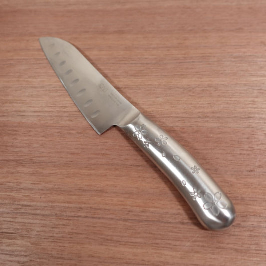 KAI Small Santoku Knife, Sharpened, Floral Handle, All Stainless Steel, Granton Edge, 145mm