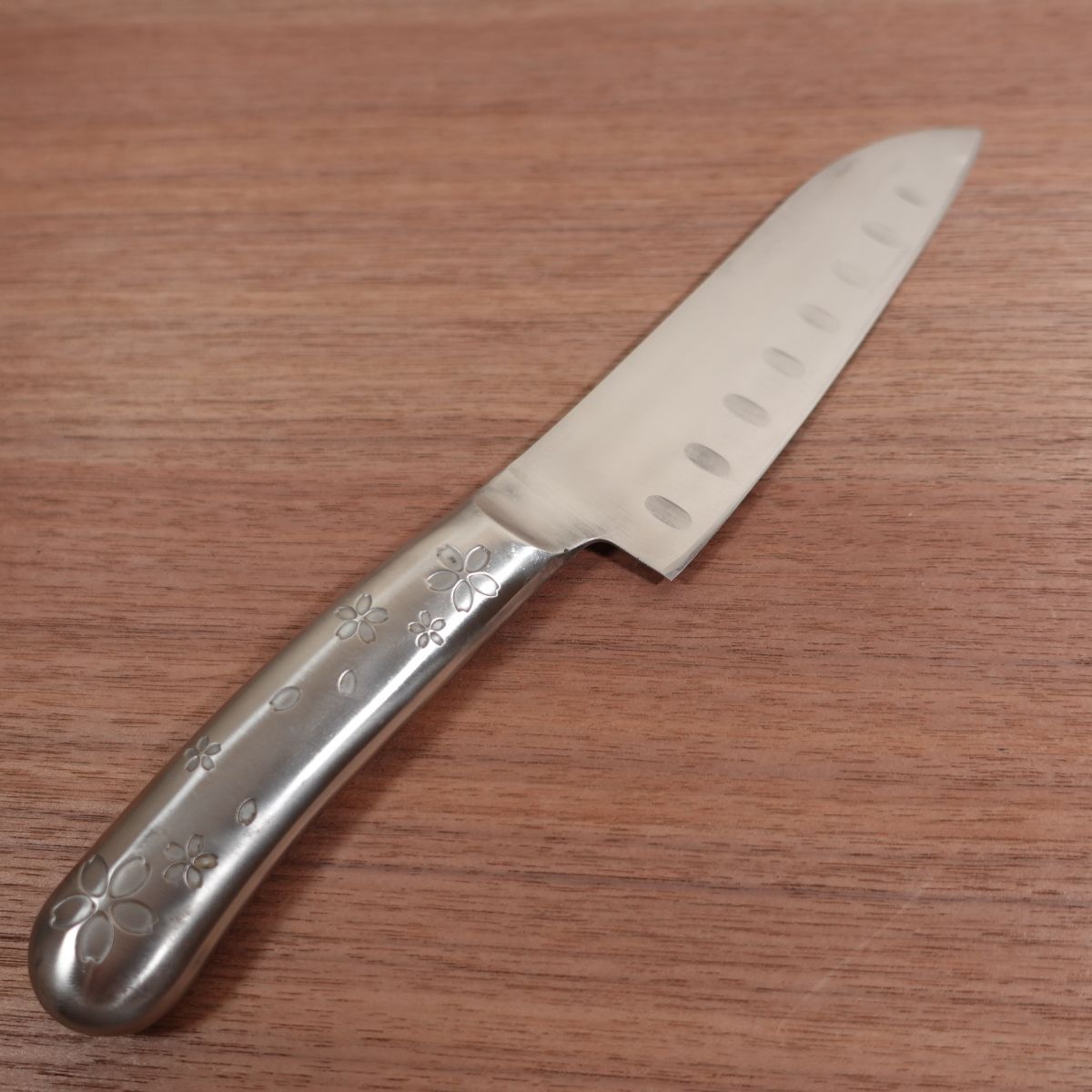 KAI Small Santoku Knife, Sharpened, Floral Handle, All Stainless Steel, Granton Edge, 145mm