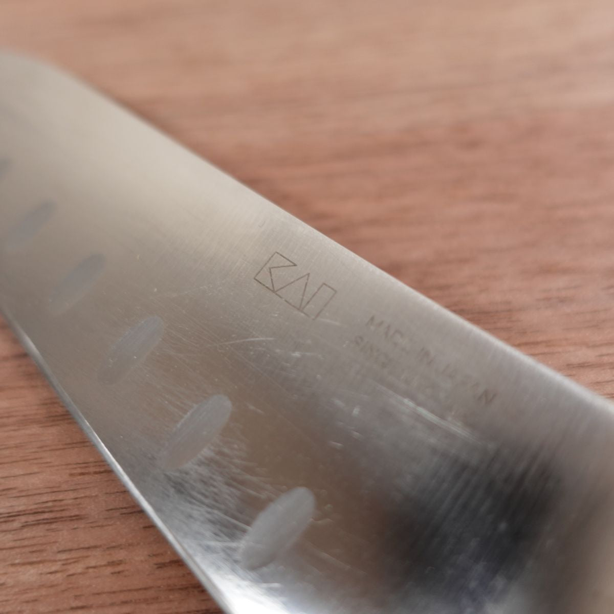 KAI Small Santoku Knife, Sharpened, Floral Handle, All Stainless Steel, Granton Edge, 145mm