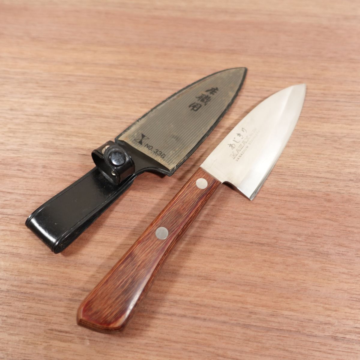 KAZAX Aji-Kiri Knife, Sharpened, Stainless Steel, Ko-Deba Knife, Sheath Included, 100mm