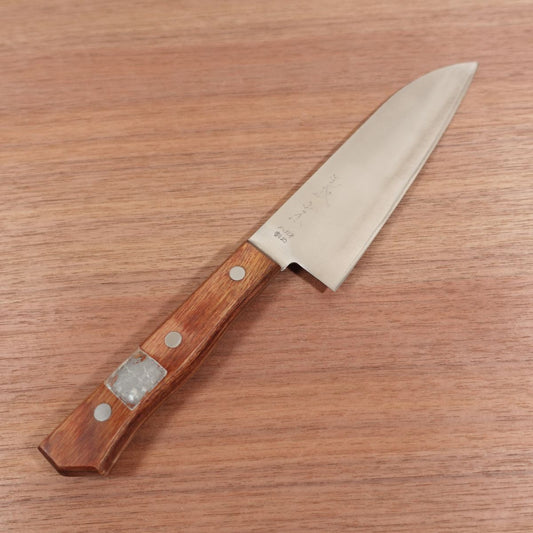 Yoshimune Santoku Knife, Sharpened, Carbon Steel Laminated, All-Purpose Knife, Sticker on Handle, 160mm